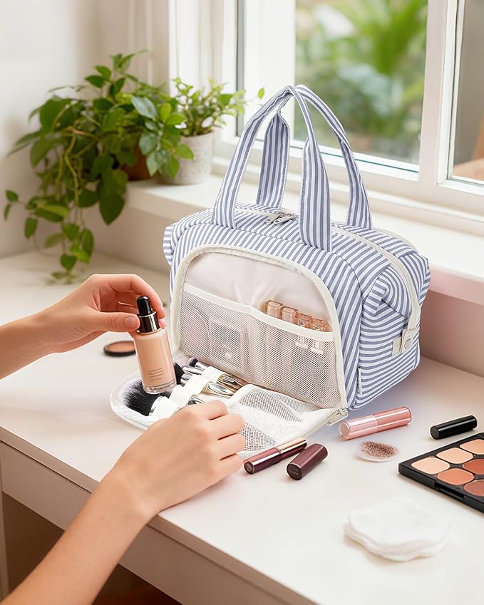 Narwey Travel Toiletry Bag, Wide-open Large Toiletry Bags for Traveling Women, Checkered Travel Bag for Toiletries Cosmetic Makeup Bag Organizer, Skincare Make Up Bag (Greyish Blue Stripe)