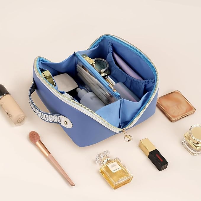 Prite Makeup Bag for Women Travel Waterproof Vegan Leather Cosmetic Bag Open Flat Toiletry Bag With Clear Divider and Handle (Blue)
