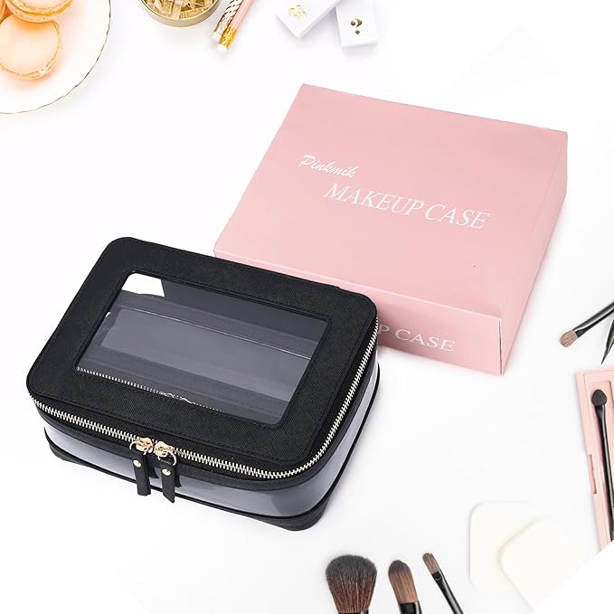 Pinkmik Clear Makeup Bag with Brush Case Travel Toiletry Bag Waterproof Cosmetic Organizer Car Essentials for Women (Black, M+SLIM-1)