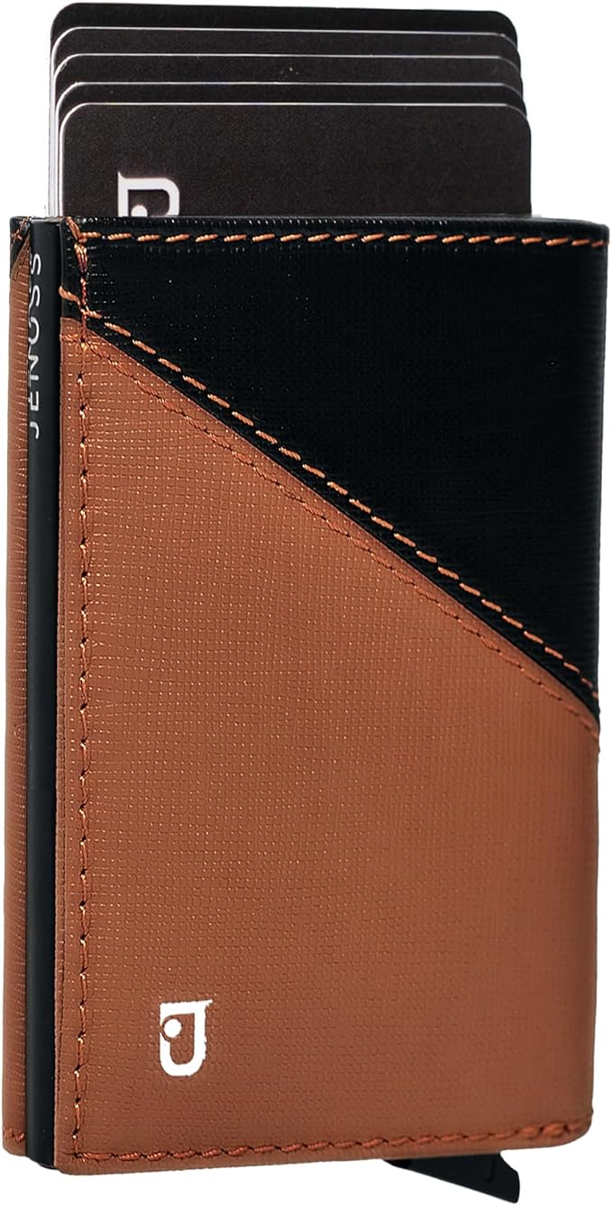 Jenoss Smart Slide Leather Wallet for Men – Full Grain Leather, RFID Blocking Pop-Up Card Holder, Slim Metal Case with 12 Card Slots, ID Window & Money Clip (Camel & Black)
