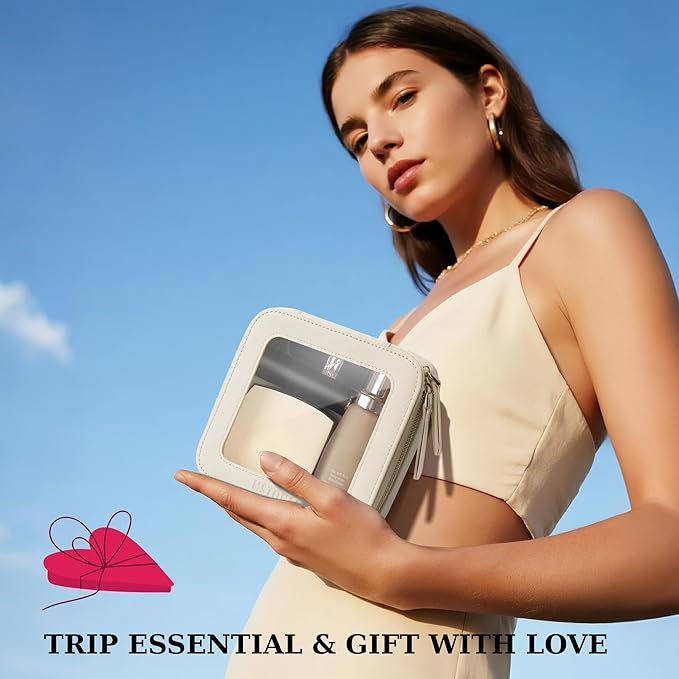 Clear Makeup Bag, Travel Toiletry Bag Cosmetic Case for Women, Waterproof Portable Small Make Up Skincare Pouch with Zipper, Compact Car Organizer Bag for Essentials, Mini Size, Beige