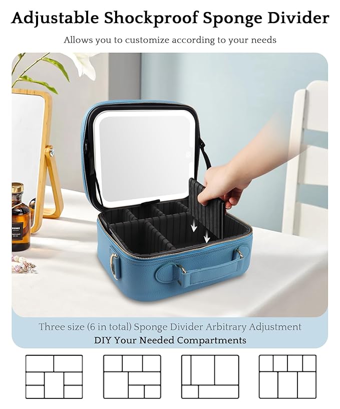 MOMIRA Travel Makeup Bag Cosmetic Bag with Lighted Mirror, Adjustable Brightness in 3 Color Scenarios/Detachable makeup mirror, All-round Upgrade, Waterproof, Gift for Women -Azure Blue