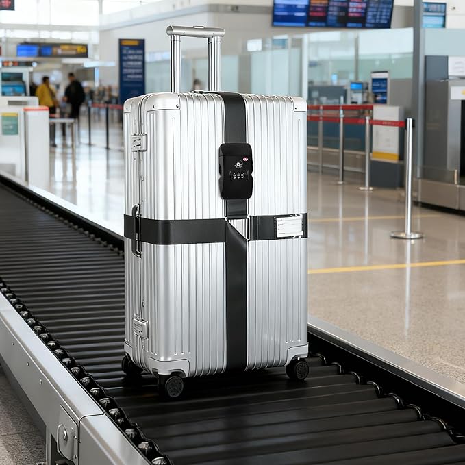 Luggage Straps, TSA Approved Black Heavy Duty Suitcase Belt with Combination Lock, Adjustable Cross Strap for Checked and Carry-On Bags, Includes ID Name Tags (1-Pack)