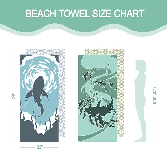 Eunzel 2 Pack Microfiber Beach Towel, Quick Dry Travel Towel Large Sand Free Towel for Beach, Camping, Swim Pool, Gym, Sports& Yoga 71"x32", Shark