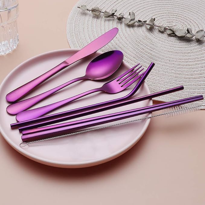 8-Piece Portable Stainless Steel Flatware Set, Travel Camping Cutlery Set with Purple Waterproof Case