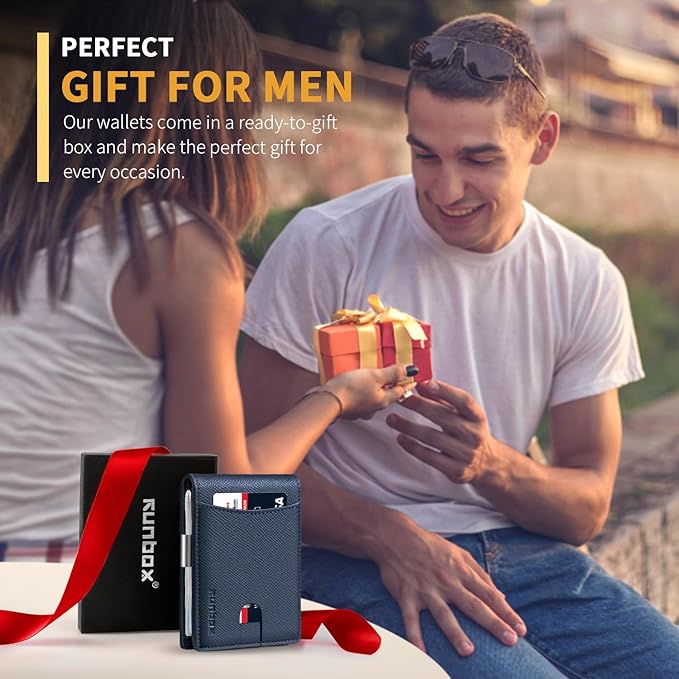 RUNBOX Money Clip Slim Wallets for Men RFID Blocking 11 Card Holder Minimalist Small Leather Bifold Men's Front Pocket Wallet Gift Box