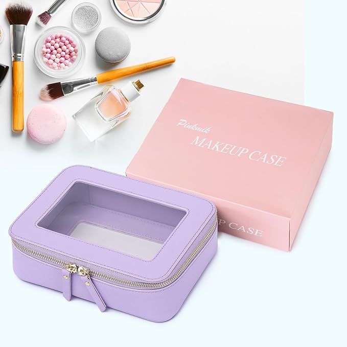 Pinkmik Clear Makeup Bag for Women Waterproof Travel Cosmetics and Toiletries Case Portable Makeup Oaganizer Bag Clear Car Bag with Zipper (X/Purple, M)