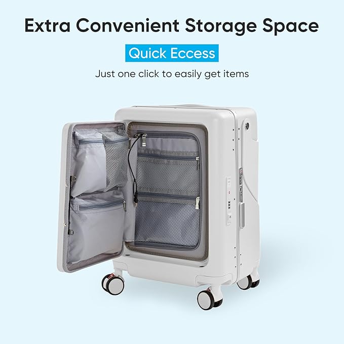 20 Inch Ride on Luggage With Seat For Kids&Adults,with Front Pocket, Foldable Seat Back TSA Approved Lock, 360° Spinner Wheels (20 inch,White)