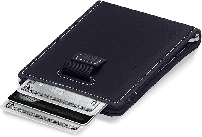 Kings Loot Money Clip Slim Minimalist Wallet for Men – RFID Blocking Leather Design with Money Clip – Front Pocket Bifold Holds 12 Cards – Stylish & Compact Wallets (Blue/Engraved)