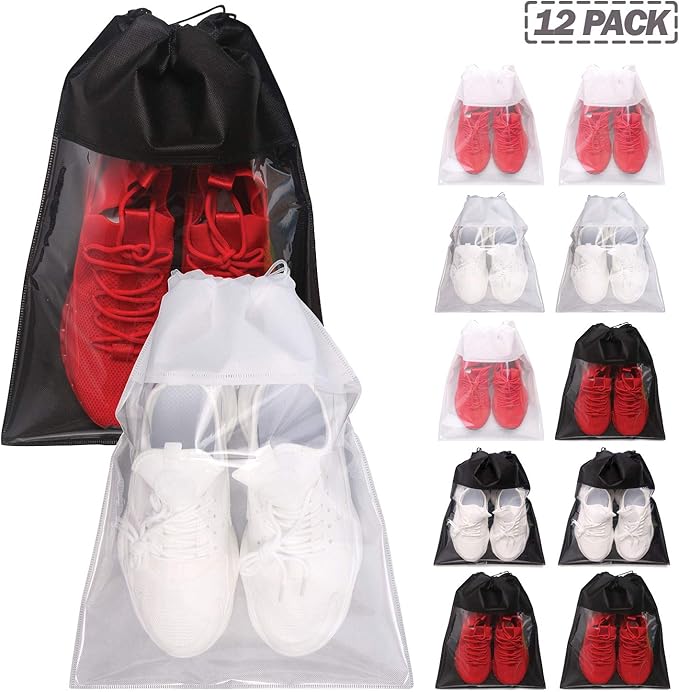 12 Pack Portable Shoe Bags for Travel Large Shoes Pouch Storage Organizer Clear Window with Drawstring for Men and Women 6 Black 6 White