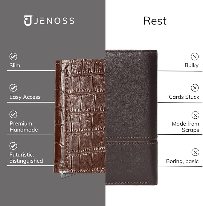 Jenoss Smart Wallet For Men: Full Grain Leather, Handcrafted, Slide Metal Pop Up Case, Slim RFID Blocking Credit Card Holder, Minimalist, Compact, 6-8 Cards Organizers, Front Pocket, Clip (Burgandy)