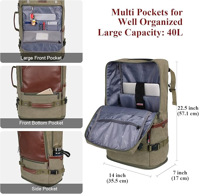 WITZMAN Travel Backpack for Men Women Carry on Luggage Backpack Canvas Rucksack Duffel bag with Shoe Compartment(A2021 Light green)