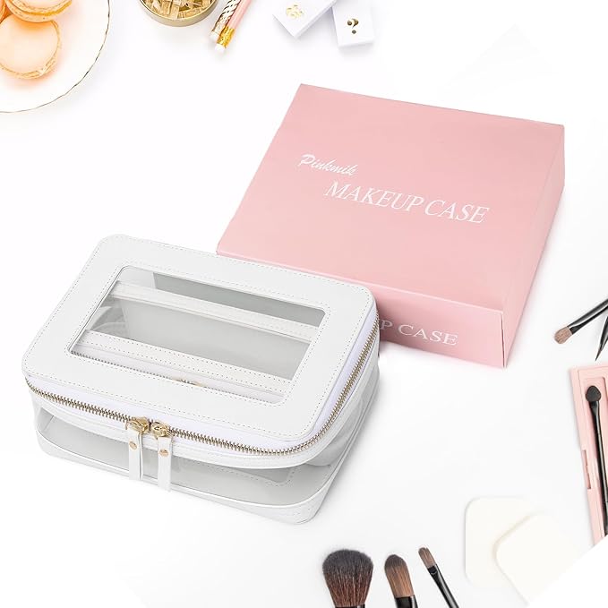 Pinkmik Clear Makeup Bag with Brush Case Travel Toiletry Bag Waterproof Cosmetic Organizer Car Essentials for Women (White, M+SLIM-1)