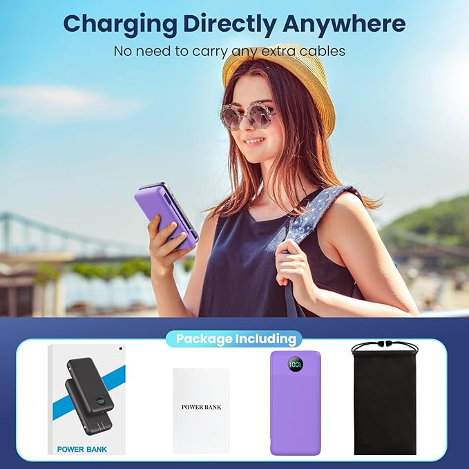 Portable Charger 33800mAh USB C Power Bank with Built-in Cables & AC Wall Plug,25W Fast Charging+QC 4.0 Phone Charger,4 Output Travel Essentials Battery Pack for iPhone16/15/14/13,Samsung,Android etc