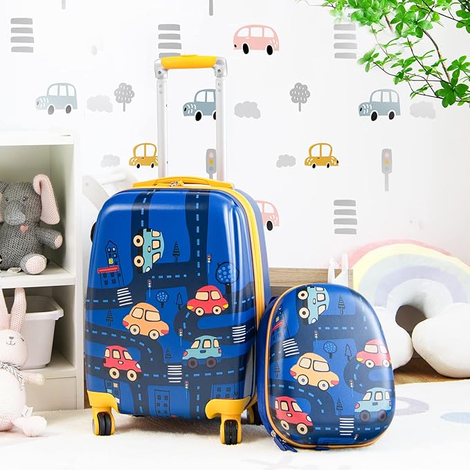 KOTEK Kids Carry On Luggage Set, 18" Hardside Rolling Suitcase with Spinner Wheels, Travel Rolling Luggage for Boys Girls (Car)…