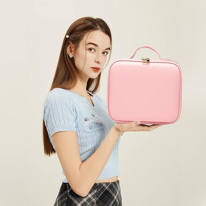 Travel Makeup Bag with LED Lighted Mirror, Travel Makeup Organizer,3 Color Setting Cosmetic Makeup Box, Adjustable Dividers and Brush Holder(pink)