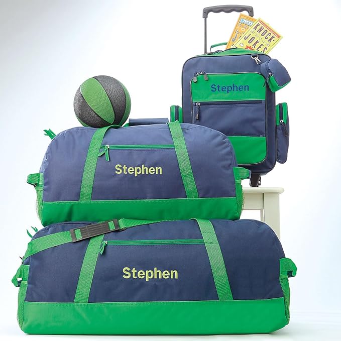 Lillian Vernon Navy and Green Personalized Medium Duffel Bag for Kids - Sports and Activities, Luggage, 11" x 12" x 23"W
