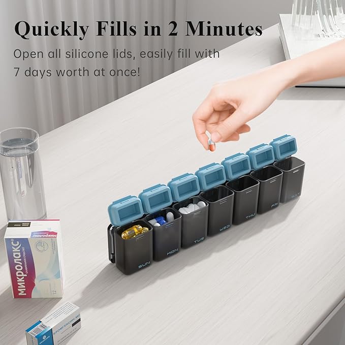 Weekly Pill Organizer Magnetic, Removable Pill Box 7 Day 1 Time a Day, Large Pill Case Travel, Week Once Daily Medication Dispenser, Medicine Container Holder for Supplement Vitamin, Blue
