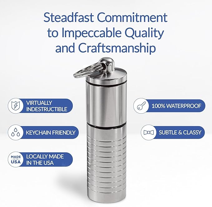 Cielo Pill Holders - Slim Single Chamber Keychain Pill Holder, Stainless Steel Pill Keychain Container, Waterproof Pill Case, Compact with Customizable Chambers, Stores 9 Aspirin-Sized Tablets