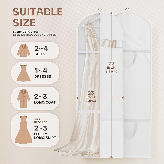 72inches Garment Bag with Zipper Pocket, Wedding Dress Bag for Gowns Long, White