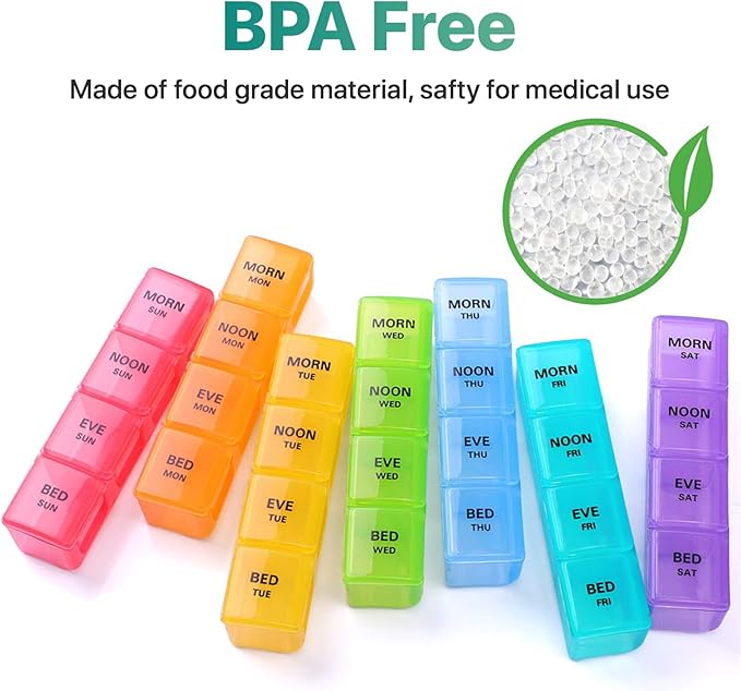 Sukuos Weekly Pill Organizer 7 Day 4 Times a Day 2 Pcs, Easy to Open Large Daily Pill Box, Moisture-Resistant Medicine Cases for Medication/Vitamin/Fish Oil/Supplements (Rainbow)