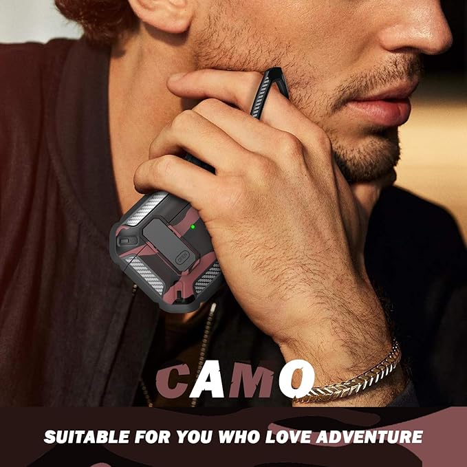 RFUNGUANGO for AirPods Pro 2nd Gen Case with Cleaning Kit, Military Hard Case Protective Armor with Lock, for AirPod Gen 2 Charging Case (2023/2022/2019, 2nd Gen/1st Gen),Red Camouflage