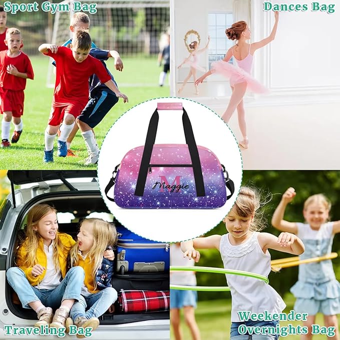 Personalized Kids Sports Duffel Bag with Name Custom Weekender Overnight Bag for Boys Girls Gym Bag Travel Dance Gymnastics Duffel Bag, Pink Purple Glitter