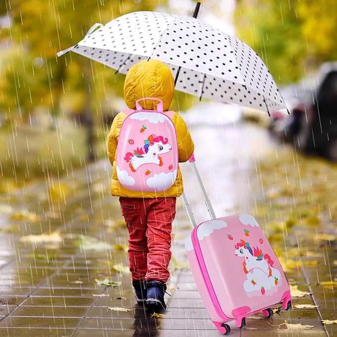 BABY JOY 2 Pcs Kids Luggage Set, 16" Toddlers Carry-on Suitcase & 12" Backpack Set, Children Travelling Case w/ 4 Casters, Retractable Handle, Lightweight Trolley Case for Girls Boys (Cloud Pony)