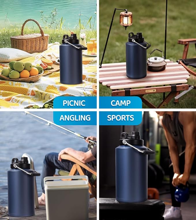 Insulated Water Bottle, 1 Gallon Jug with Handle, 128 oz Stainless Steel Large Water Bottle Wide Mouth Double Vacuum for Hot & Cold Drinks, Navy Blue