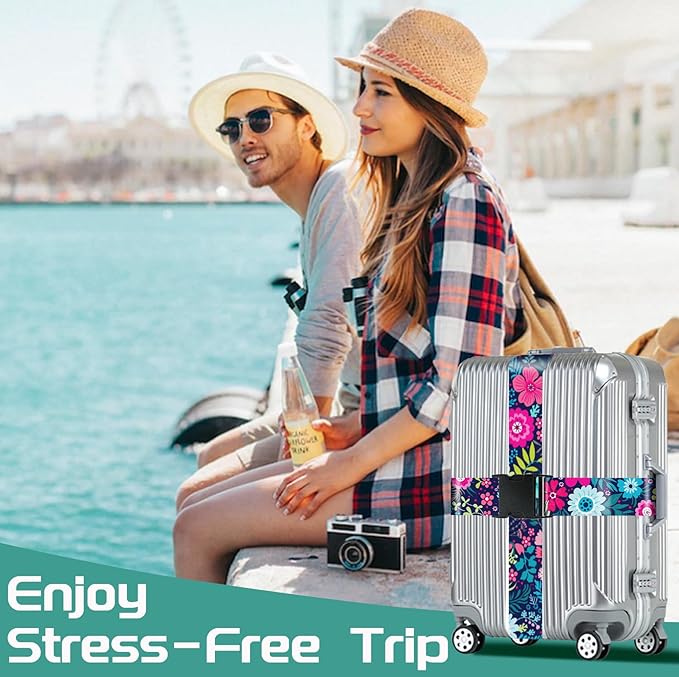 Slohif Luggage Straps for Suitcases Travel Belt Accessories Luggage Connector Identifiers Over Handle with Buckle Unique Nylon Adjustable Strap for Sleeping Bag Car Seat Flower (2 Pack)