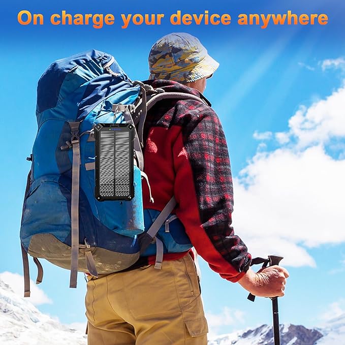 WONGKUO Solar Charger Power Bank - 49800mAh Solar Phone Charger with USB-C in/Output, QC 3.0 Fast Charging with LED Flashlight, Built-in 4 Cables, IP65 Waterproof Fits for Outdoor (Flash Black)