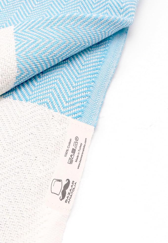 Bazaar Anatolia Turkish Beach Towel 100% Cotton Bath Towels 71x39 Quick Dry Sand Free Lightweight Large Oversized Herringbone Turquoise
