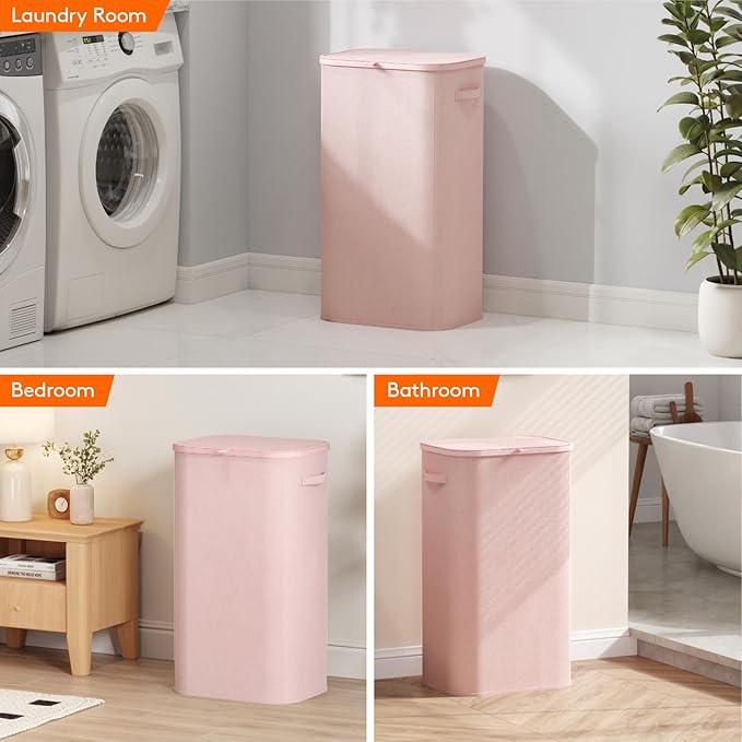 Lifewit 105L Laundry Basket with Lid, Large Laundry Hamper with Plastic Handles and Removable Bag, Foldable Tall Dirty Clothes Hampers for Laundry for Laundry Room, Bedroom, Bathroom, Dorm, Pink
