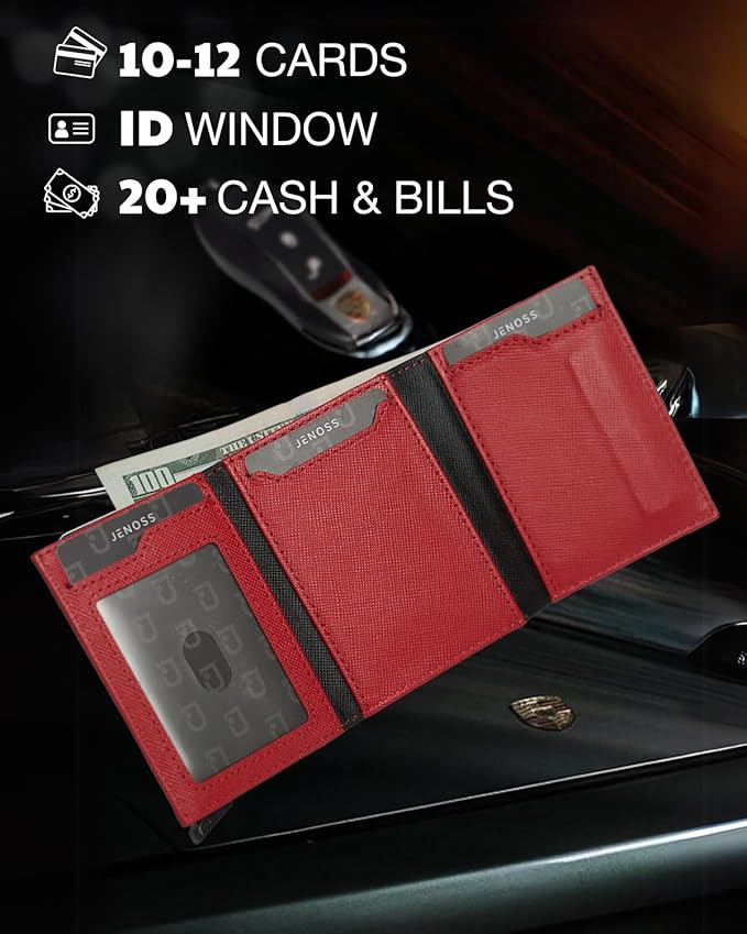 Jenoss Smart Wallet For Men & Women: Full Grain Leather, Handcrafted, Slide Metal Pop Up Case, Slim RFID Blocking Credit Card Holder Minimalist Compact 12 Cards Slot Organizers ID Clip (Red & Black)