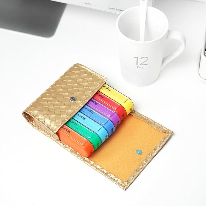Pill Organizer,LIZIMANDU Weekly Travel Pill Case Box Medication Reminder Daily AM PM, Day Night 7 Compartments,for 4 Times A Day, 7 Days a Week-Includes Leather PU Carrying Case(1-Weave Gold)