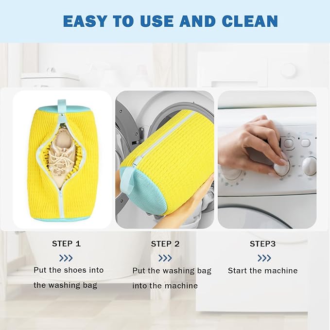 Shoe Washing Machine Bag, 2Pcs Laundry Shoe Bags for Washer and Dryer, 360° Deep Clean, Reusable Cleaning Kit for All Shoe Sizes, Endurable Zipper Washing Bag for Sneaker Gym Shoes, Yellow