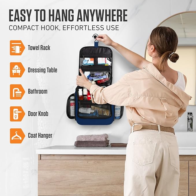 VENTURE 4TH Hanging Travel Toiletry Bag for Women & Men - Travel Organizer with Expandable Compartments & Removable Clear Pouch for Toiletries (Navy Blue)