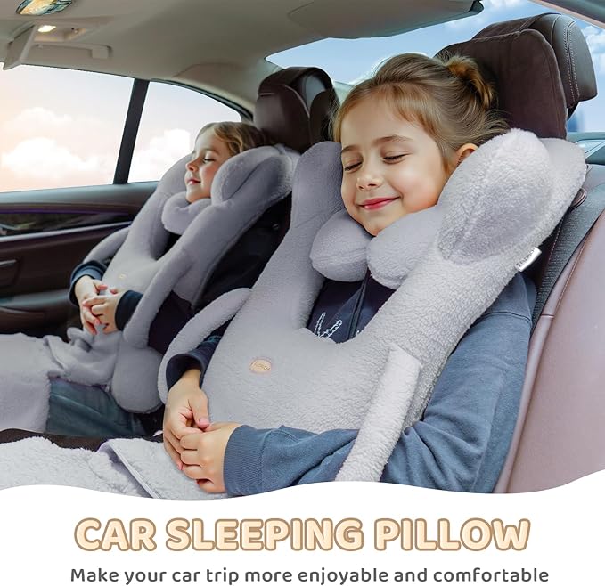 FLORICH Kids Travel Pillow, Car Sleeping Travel Pillow for Kids, Removable H-Shaped Pillow for Adults and Children to Support Head and Body Road Trips with Neck Pillow and Blanket (Grey)