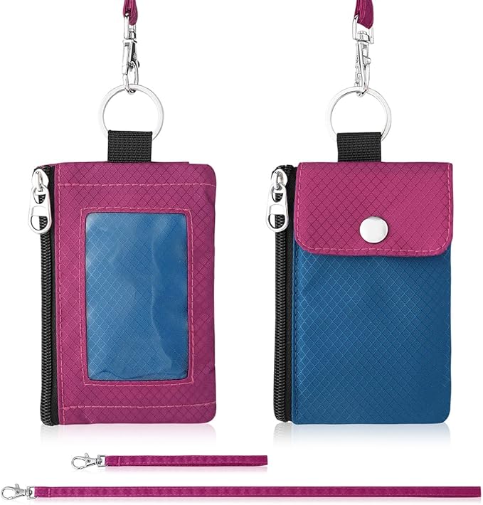 Minimalist Wallet For Mens Womens, Keychain RFID Blocking Zipper Small Wallet with ID Window 2 Lanyards,Water Resistant Travel Cash Card Coin Case Boys Girls