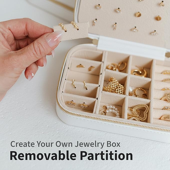 Small Travel Jewelry Box Organizer for women & Girls, Portable Small Travel Jewelry Case Organizer for Traveling, PU Leather Mini Box for Earrings, Necklaces, Rings, Bracelets - White