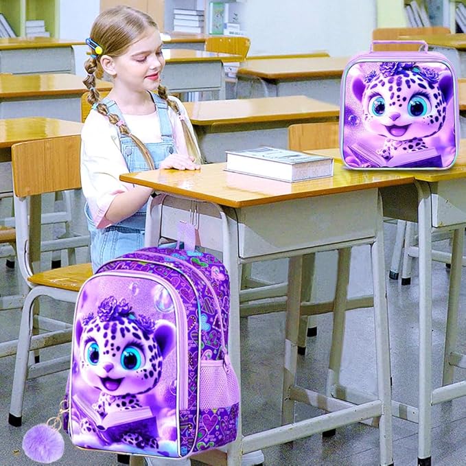 WZLVO 3PCS Kids Leopard Bookbag for Girls, 16" Glittery UV Printing Girls Backpack/School Bag with Lunch Box & Pencil Bag for Preschool to Elementary - Reading Leopard Purple