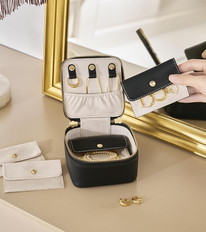 Popvibe Travel Jewelry Box Organizer Small Jewelry Case with 6 Jewelry Bags Mini Pouch, Portable Traveling Jewelry Case for Women, Black Leather Compact Jewelry Travel Necklace Case Holder