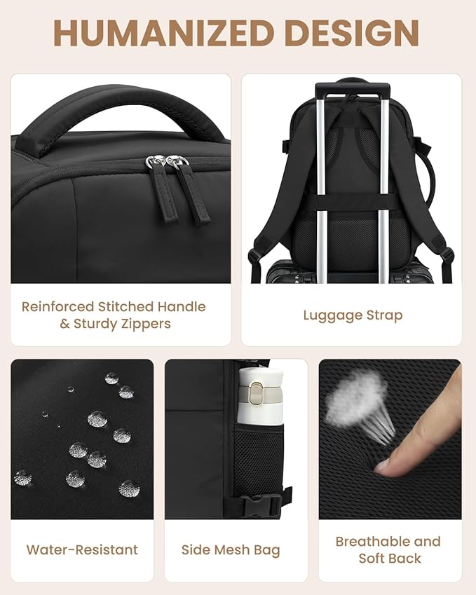 Travel Backpack for Women Man, Waterproof Personal Item Travel Bag Airline Approved Laptop Backpack Bookbag Weekender bags for Business,Travel, Work Fits 15.6 inch Laptop(Medium,Black)