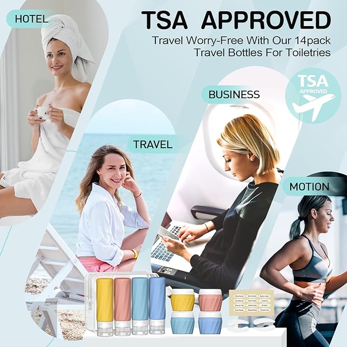 14pack Travel Bottles for Toiletries, TSA Approved Travel Size Toiletries Containers Set, Premium Silicone Leak Proof Refillable Bottles & Creams Jars Accessories Kit W/Clear Bag (Bright)