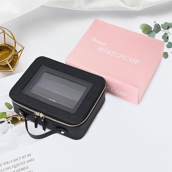 Pinkmik Clear Makeup Bag with Brush Bag 3pcs Waterproof Travel Case for Cosmetics and Toiletries Women's Makeup Organizer with Zipper (Black, L+M+SLIM)