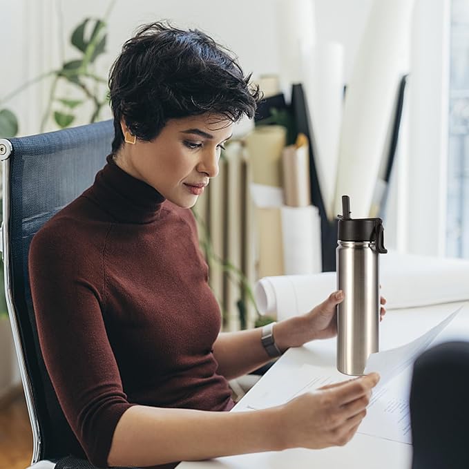 Volhoply 24oz Insulated Water Bottle With Straw Bulk 3 Pack,Metal Wide Mouth Water Bottles With Handle Lid Keep Cold,Reusable Double Wall Cups,Powder Coated Sport Bottle For Holder(Silver,3 Count)