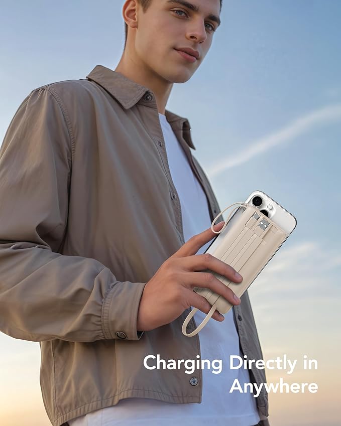 VRURC Portable Charger Power Bank,10000mAh Travel Essentials Battery Pack, 5 Outputs 2 Inputs Slim USB C Charging Bank Built-in Cables Cords for iPhone 17 16 15 13,Samsung,Android-Light Coffee(1 Pack)