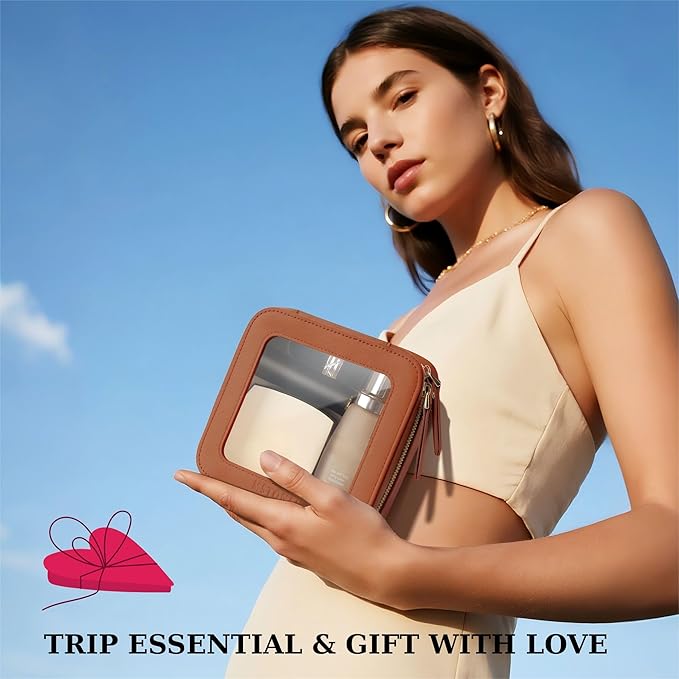 Clear Makeup Bag, Travel Toiletry Bag Cosmetic Case for Women, Waterproof Portable Small Make Up Skincare Pouch with Zipper, Compact Car Organizer Bag for Essentials, Mini Size, Brown