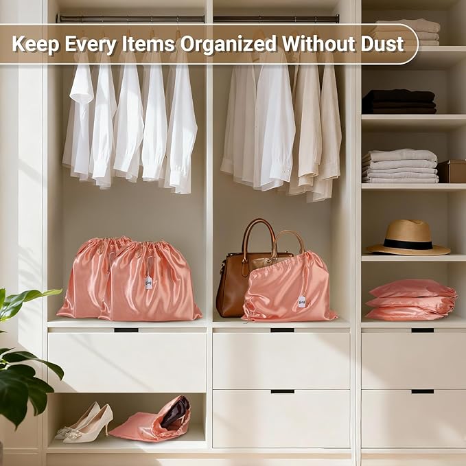 Ewen 7 Pack of Pink Orange Dust Bags for Handbags, 19.6x15.7in Dustproof Satin Purse Bags with Drawstring for Travel, Covers for Shoes and Boots, Silk Bags for Storage, Dust Cover Bag for Garment