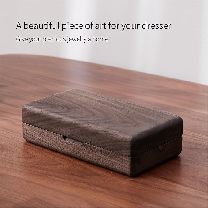 Walnut Wooden Small Jewelry Box - Mini Wood Travel Jewelry Case Portable Organizer for Rings, Earrings, Necklaces & Bracelets Storage Women Girls Men (White)